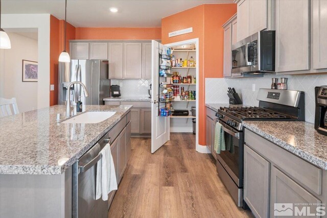 101 Cloud Berry Ct, Sparks, NV 89441 - kitchen with appliances with stainless steel finishes, light wood-style floors, a sink, tasteful backsplash, and a center island with sink