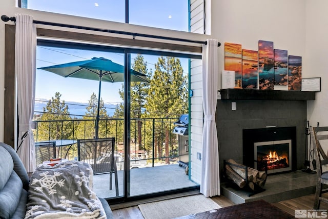 entryway with wood finished floors, a lit fireplace, and healthy amount of natural light