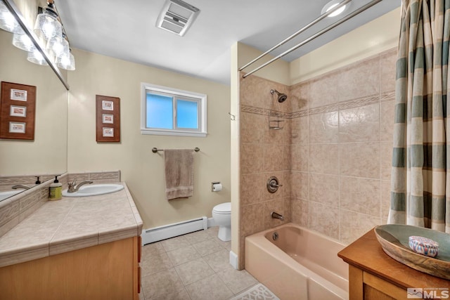3295 Sunnyvale Ave, Reno, NV 89509 - full bath featuring a baseboard heating unit, tile patterned floors, toilet, shower / bath combo, and vanity