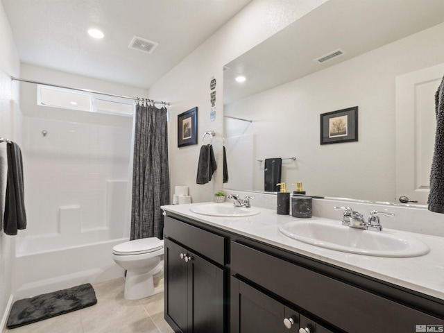 359 Bryce St, Dayton, NV 89403 - full bathroom featuring tile patterned flooring, toilet, shower / bath combo with shower curtain, and double vanity