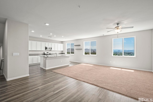 kitchen featuring open floor plan, stainless steel appliances, baseboards, ceiling fan, and recessed lighting