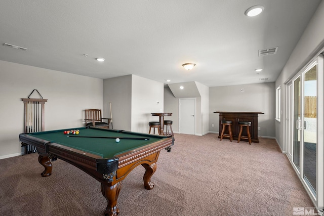 recreation room featuring light carpet, a bar, pool table, recessed lighting, and baseboards