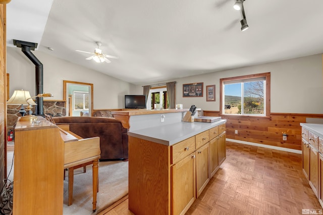 14865 N Red Rock Rd, Reno, NV 89508 - kitchen featuring a wainscoted wall, a ceiling fan, a wood stove, open floor plan, and light countertops