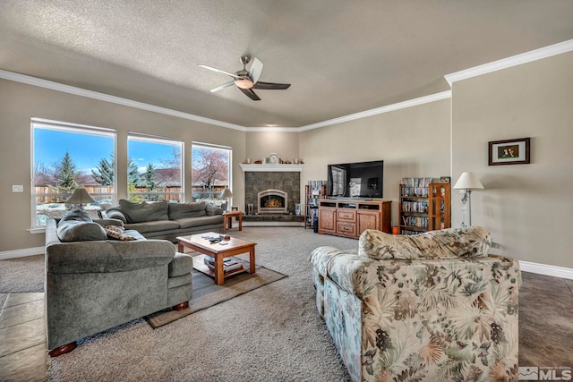 2825 N Fork Ln, Minden, NV 89423 - carpeted living room with a ceiling fan, healthy amount of natural light, ornamental molding, baseboards, and a lit fireplace