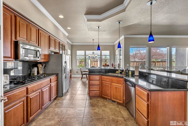 2825 N Fork Ln, Minden, NV 89423 - kitchen featuring a sink, stainless steel appliances, a textured ceiling, a chandelier, and ornamental molding