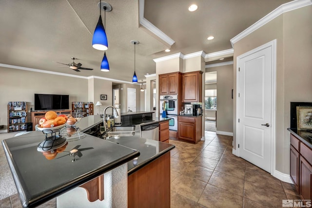 2825 N Fork Ln, Minden, NV 89423 - kitchen featuring a sink, appliances with stainless steel finishes, dark countertops, ceiling fan, and crown molding