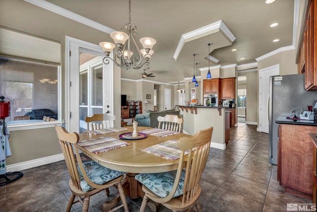 2825 N Fork Ln, Minden, NV 89423 - dining space with a ceiling fan, ornamental molding, recessed lighting, a chandelier, and baseboards