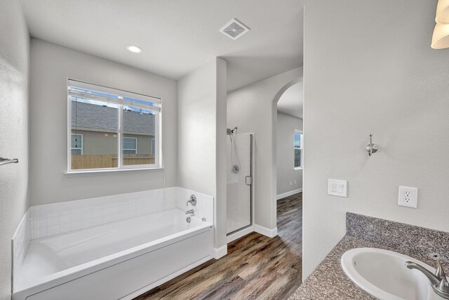 1282 Onda Verde Dr, Fallon, NV 89406 - full bath with wood finished floors, a sink, a shower stall, a bath, and baseboards