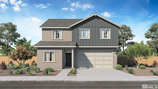 7593 Apex Pl Lot # 109, Reno, NV 89506 - view of front of home with fence, board and batten siding, driveway, a garage, and stucco siding