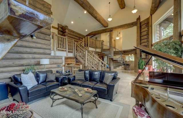 996 Tyner Way, Incline Village, NV 89451 - living area with rustic walls, stairs, beamed ceiling, high vaulted ceiling, and recessed lighting