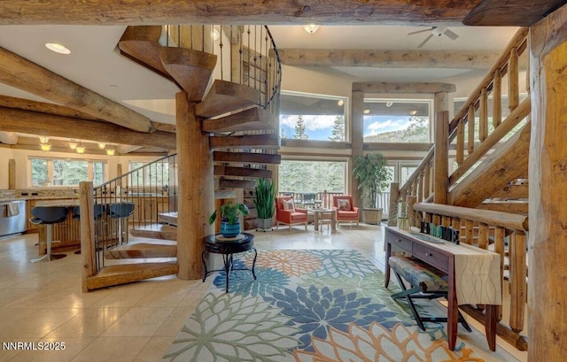 996 Tyner Way, Incline Village, NV 89451 - staircase featuring beamed ceiling, tile patterned flooring, a ceiling fan, and recessed lighting
