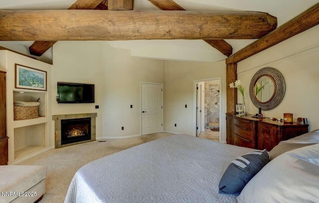996 Tyner Way, Incline Village, NV 89451 - carpeted bedroom featuring beamed ceiling, a tile fireplace, and baseboards