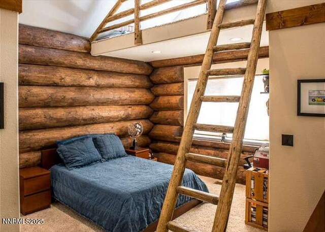 996 Tyner Way, Incline Village, NV 89451 - carpeted bedroom featuring log walls, multiple windows, and vaulted ceiling