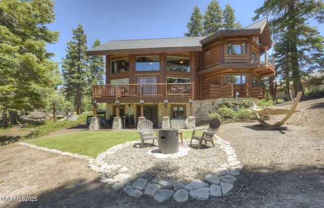 996 Tyner Way, Incline Village, NV 89451 - back of house with stone siding, a patio area, a lawn, a wooden deck, and log siding