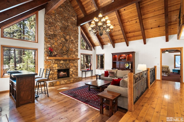 671 14th Green Dr, Incline Village, NV 89451 - living room featuring wooden ceiling, hardwood / wood-style floors, a chandelier, high vaulted ceiling, and a fireplace