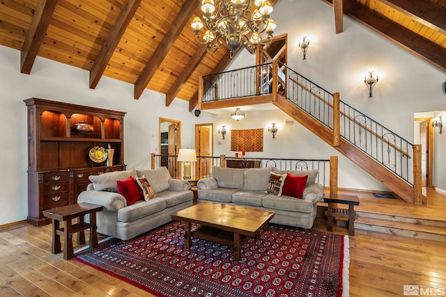 671 14th Green Dr, Incline Village, NV 89451 - living room featuring a chandelier, wood-type flooring, beam ceiling, high vaulted ceiling, and wooden ceiling