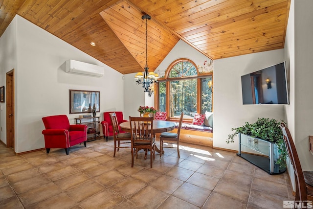 671 14th Green Dr, Incline Village, NV 89451 - dining area featuring wooden ceiling, a wall mounted AC, baseboards, a chandelier, and high vaulted ceiling