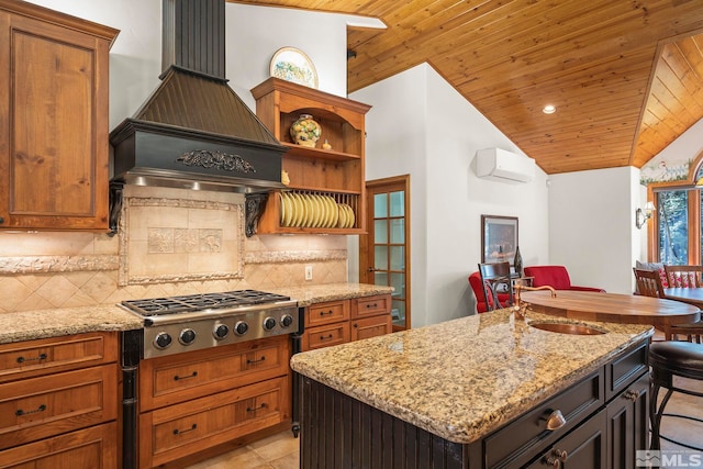 671 14th Green Dr, Incline Village, NV 89451 - kitchen with custom range hood, wood ceiling, stainless steel gas stovetop, backsplash, and a sink