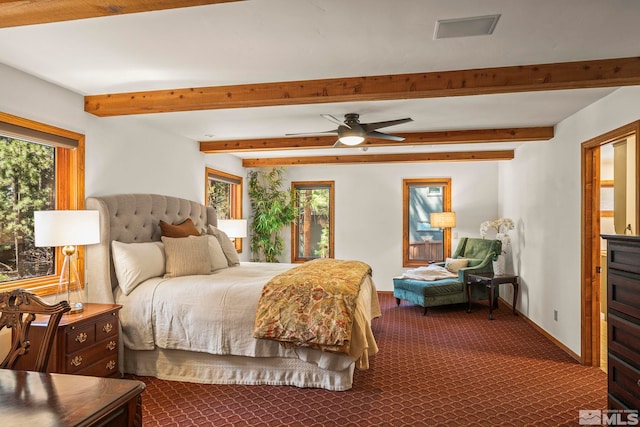 671 14th Green Dr, Incline Village, NV 89451 - bedroom featuring baseboards, dark carpet, and beamed ceiling