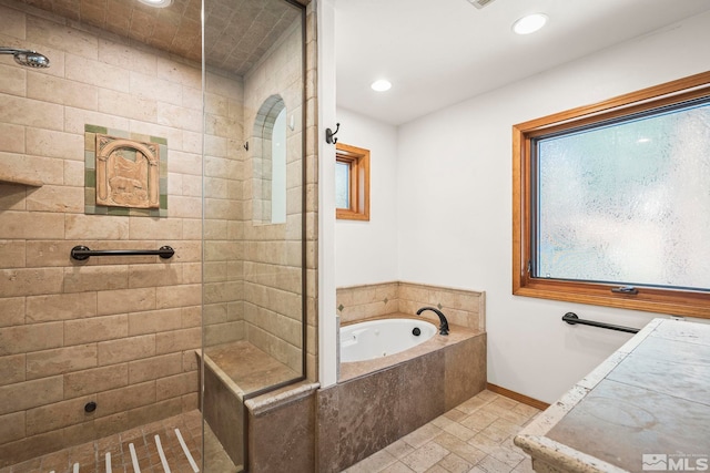 671 14th Green Dr, Incline Village, NV 89451 - bathroom featuring tiled shower, a bath, baseboards, and recessed lighting