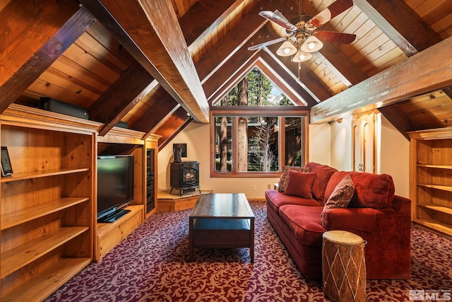 671 14th Green Dr, Incline Village, NV 89451 - carpeted living room with wood ceiling, a wood stove, and ceiling fan