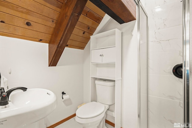 671 14th Green Dr, Incline Village, NV 89451 - bathroom with a stall shower, a sink, toilet, baseboards, and wooden ceiling