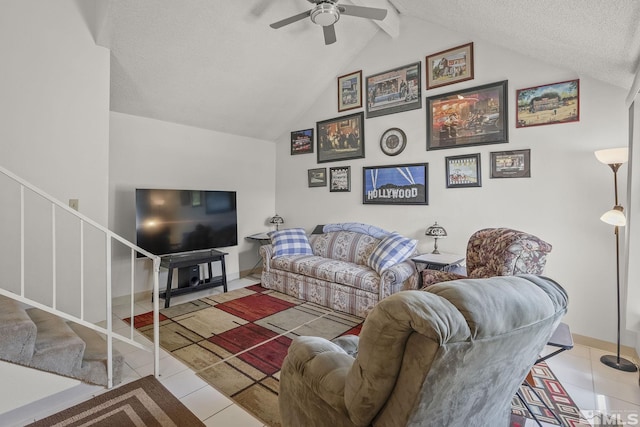 2390 Oppio, Sparks, NV 89431 - living area with stairs, ceiling fan, tile patterned flooring, and a textured ceiling