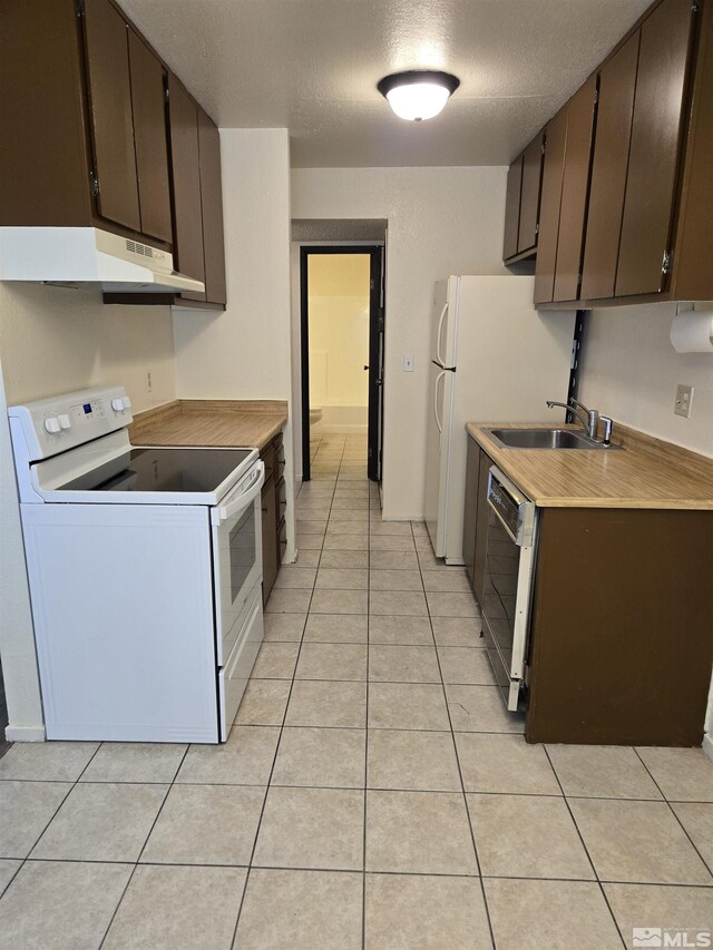 4604 Neil Rd Unit 157, Reno, NV 89502 - kitchen with white range with electric stovetop, dishwasher, under cabinet range hood, a sink, and dark brown cabinets