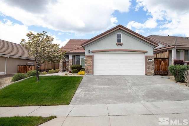 view of front facade featuring stone siding, stucco siding, driveway, and a front yard