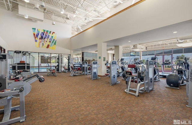 gym featuring a towering ceiling