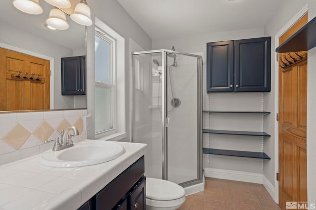 bathroom featuring a shower stall, backsplash, tile patterned floors, vanity, and toilet