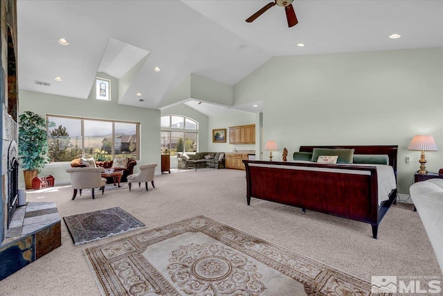 10401 Copper Cloud Dr, Reno, NV 89511 - carpeted bedroom featuring recessed lighting, high vaulted ceiling, and a ceiling fan