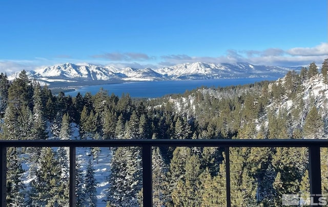 view of mountain backdrop with a heavily wooded area