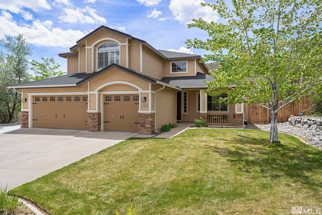 2963 Moose Ridge Dr, Reno, NV 89523 - view of front facade with concrete driveway, covered porch, stone siding, and roof with shingles
