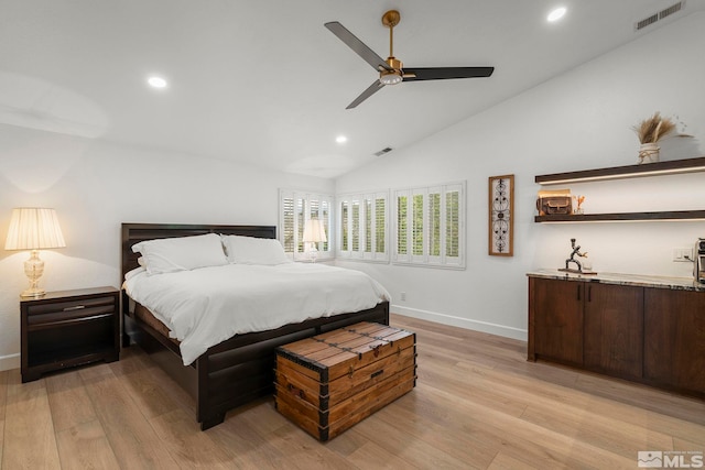 2963 Moose Ridge Dr, Reno, NV 89523 - bedroom featuring recessed lighting, light wood finished floors, baseboards, ceiling fan, and high vaulted ceiling