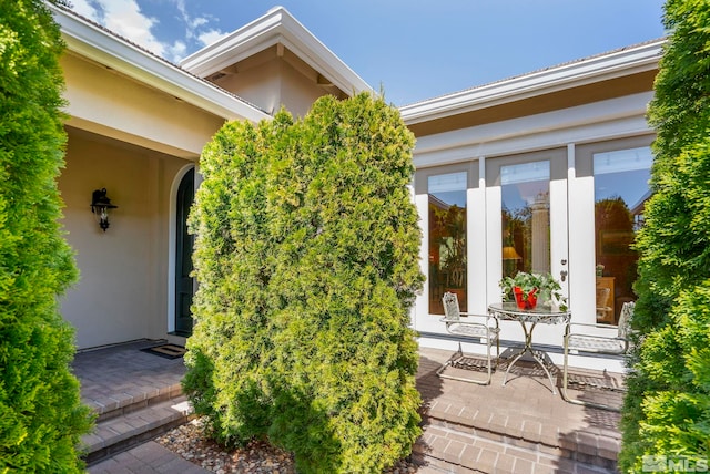 entrance to property with stucco siding and a patio area