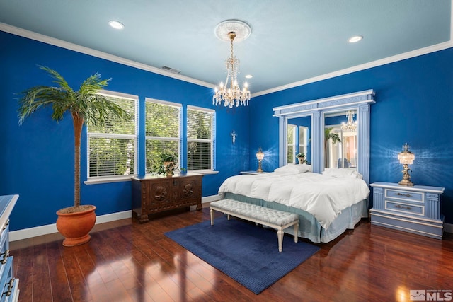 bedroom featuring a chandelier, baseboards, ornamental molding, wood-type flooring, and recessed lighting