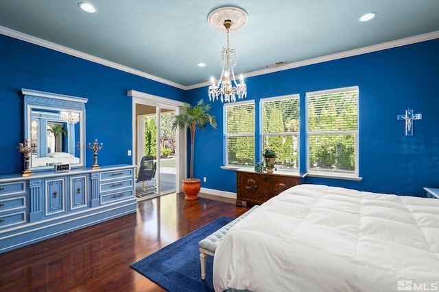 bedroom featuring access to exterior, a chandelier, ornamental molding, dark wood-style floors, and baseboards