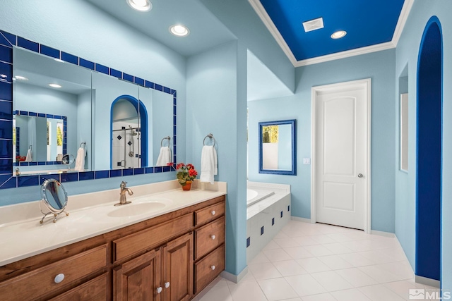 full bathroom featuring a garden tub, ornamental molding, vanity, tile patterned floors, and an enclosed shower