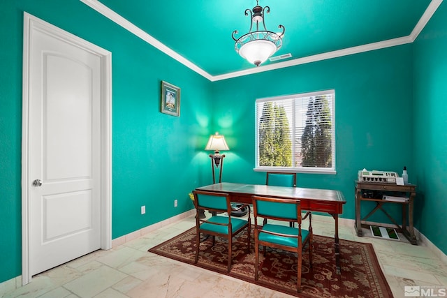 home office with baseboards, crown molding, and marble look tile flooring