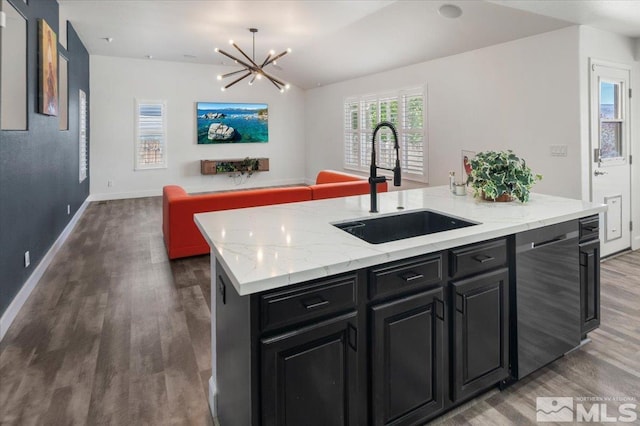 2160 Mammatus Dr, Sparks, NV 89441 - kitchen featuring a sink, stainless steel dishwasher, wood finished floors, and a kitchen island with sink