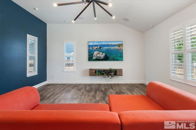 2160 Mammatus Dr, Sparks, NV 89441 - living room featuring wood finished floors, baseboards, vaulted ceiling, and ceiling fan