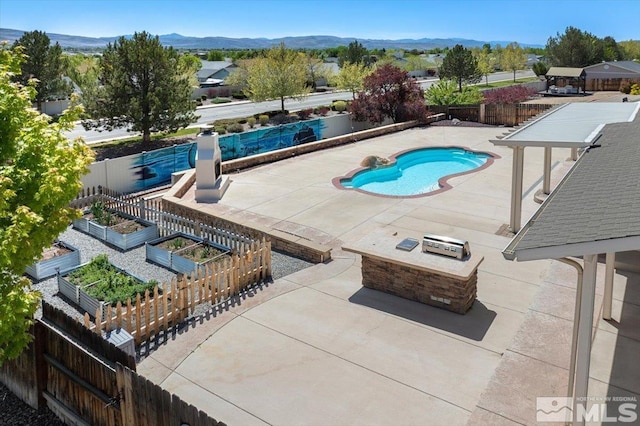2160 Mammatus Dr, Sparks, NV 89441 - view of pool with a patio area, a fenced backyard, a mountain view, and a vegetable garden
