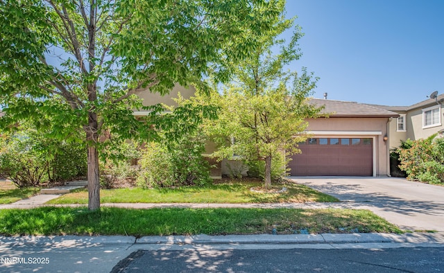 1840 Granite Chief Dr, Reno, NV 89521 - view of property hidden behind natural elements with concrete driveway, stucco siding, and a garage