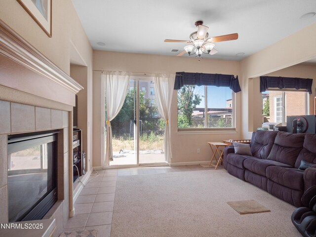 1840 Granite Chief Dr, Reno, NV 89521 - tiled living area featuring a tiled fireplace and ceiling fan