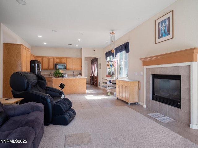 1840 Granite Chief Dr, Reno, NV 89521 - living area with a tiled fireplace, light tile patterned flooring, and recessed lighting