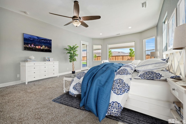 bedroom with access to outside, carpet floors, ceiling fan, recessed lighting, and baseboards