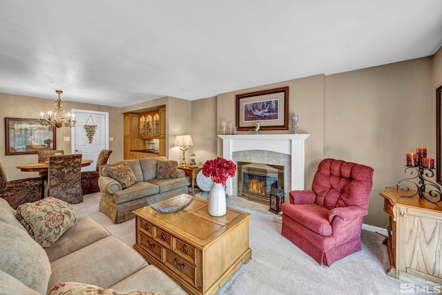 1509 Palo Verde, Carson City, NV 89703 - living area with carpet, a chandelier, a tiled fireplace, and baseboards