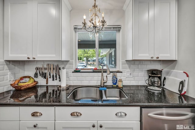 1509 Palo Verde, Carson City, NV 89703 - kitchen with a sink, dishwasher, a chandelier, white cabinetry, and decorative backsplash