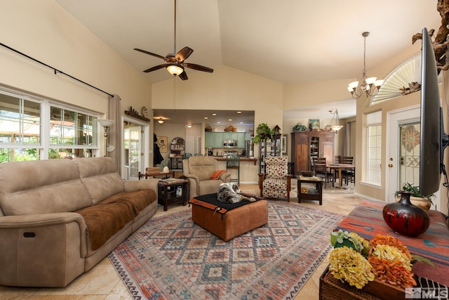 1082 Log Cabin Rd, Gardnerville, NV 89410 - living room featuring a chandelier, high vaulted ceiling, and a ceiling fan